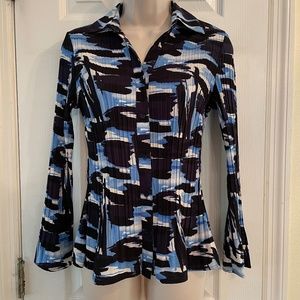 East 5th blue abstract pleated stretch blouse Petite Small